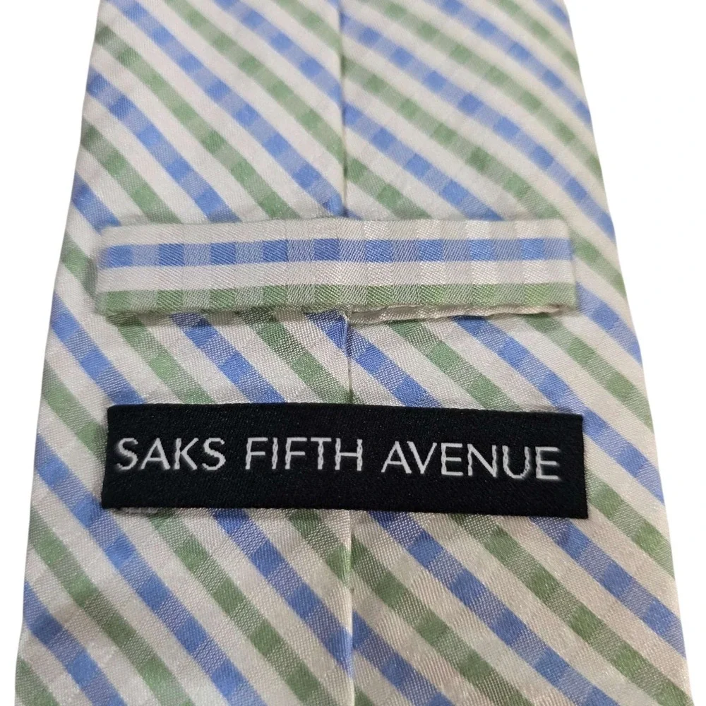 SAKS FIFTH AVENUE Striped‎ Silk Neck Tie Blue Green Diagonal Classic Business